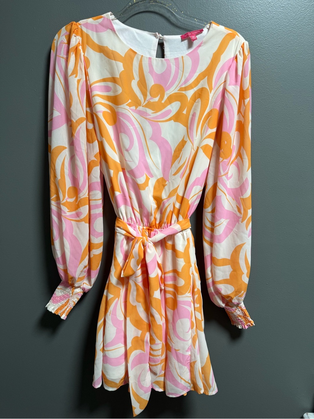 Flying Tomato Pink & Orange 70s Hippie Boho Vibes Swirl Tie-Waist Mini Dress M - Picture 2 of 7
